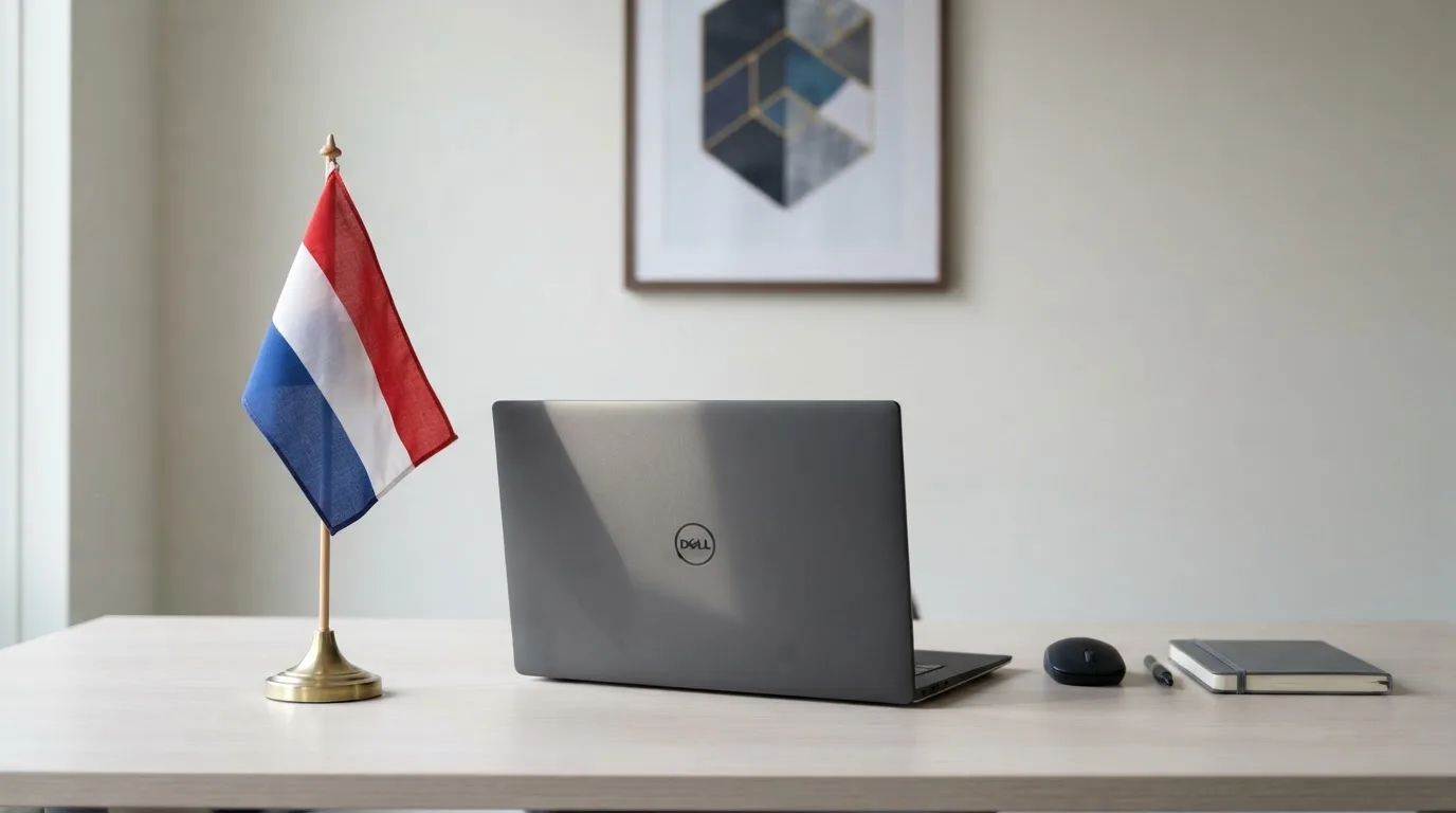 Een kantoorbureau met een Nederlandse vlag op een voetstuk naast een dichte laptop.