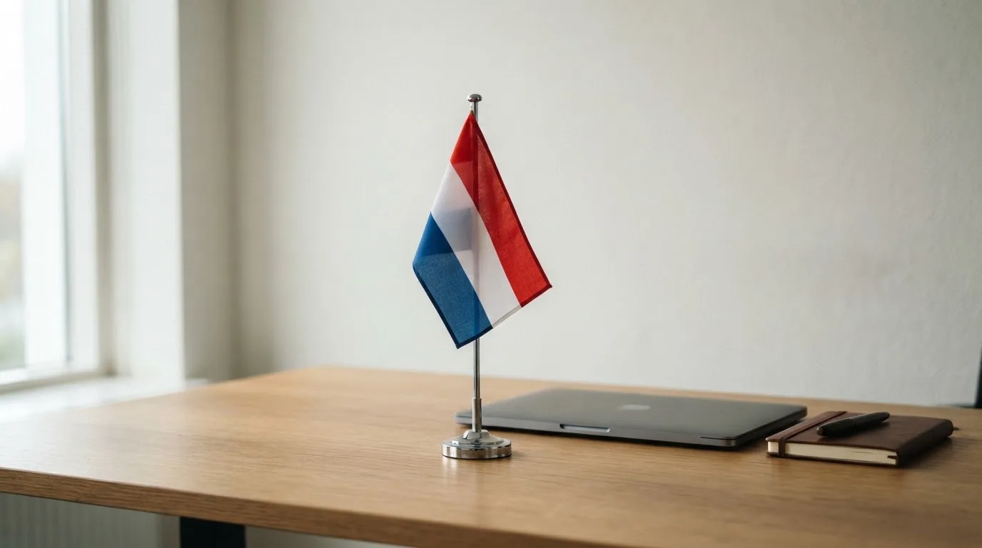 Een kantoorbureau met een Nederlandse vlag op een voetstuk naast een gesloten laptop.