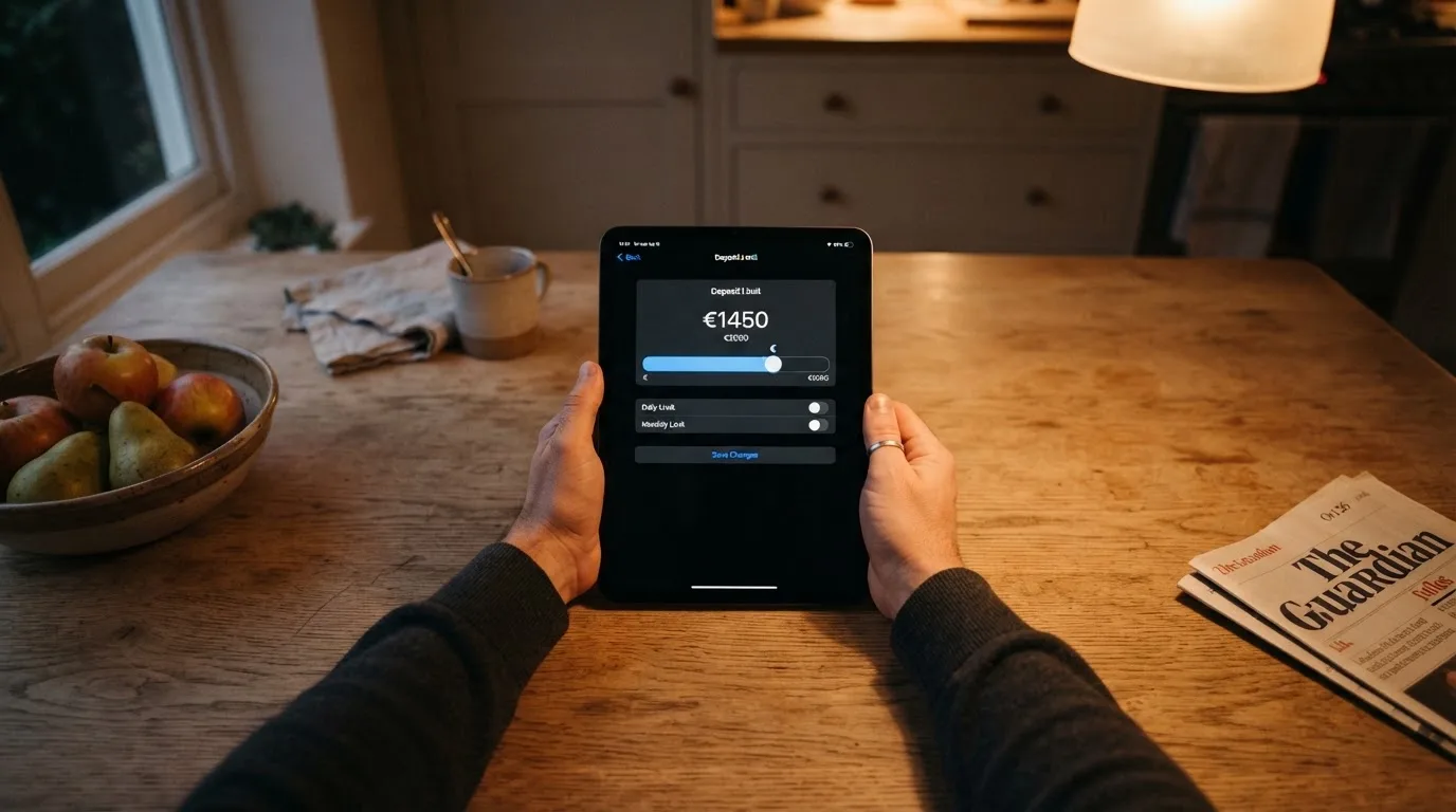 Een persoon bekijkt rustig instellingen voor speellimieten op een tablet aan een keukentafel in de avond.