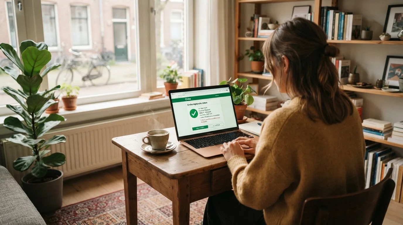 Een persoon zit aan een bureau met een kop koffie en bekijkt rustig een overzicht op een laptopscherm.