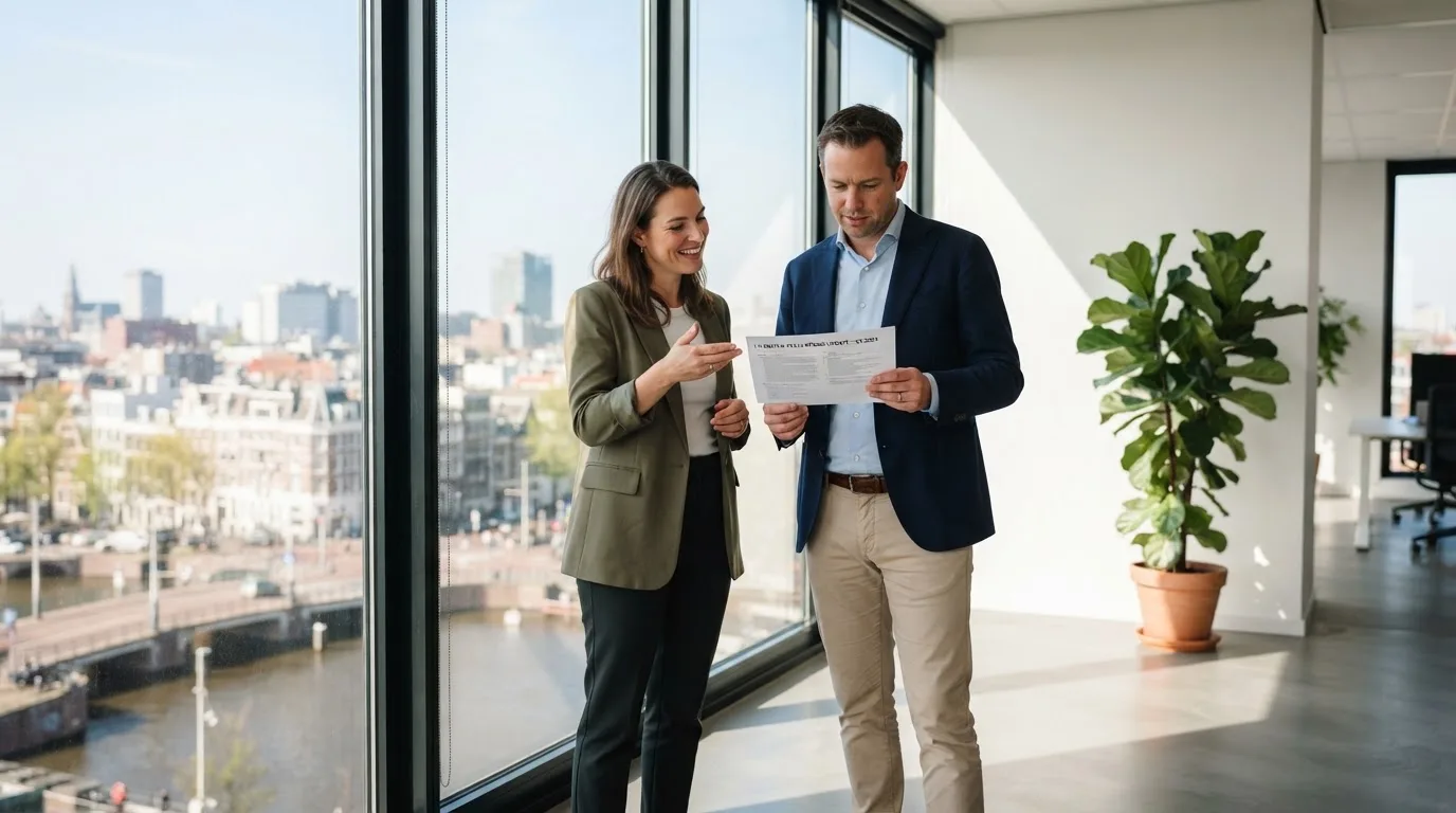 Twee collega's overleggen staand bij een raam in een modern kantoor tijdens een zonnige ochtend.